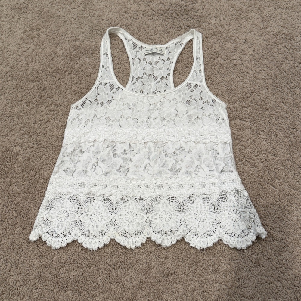 ABERCROMBIE &‎ FITCH Women Lace Tank Top Size M White Festival Vintage Y2K Boho